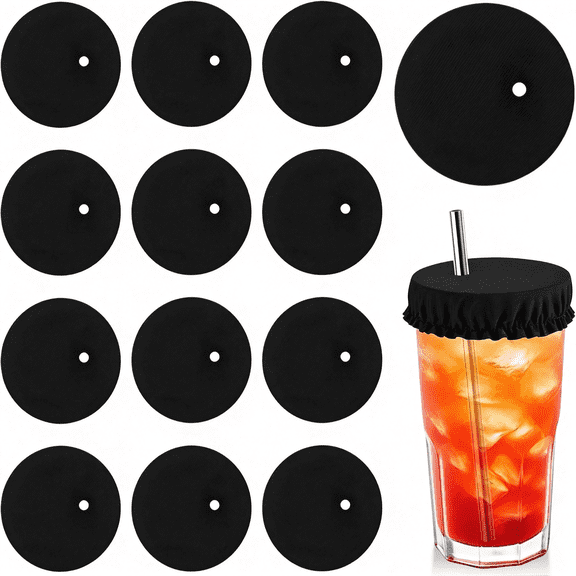 NORIZF 12 Pcs Reusable Drink Covers, Scrunchie Drinks Cover for Alcohol Protection Cup Covers with Straw Hole, Glass Covers for Drinks, Drink Protector for Bars and Parties (Black)