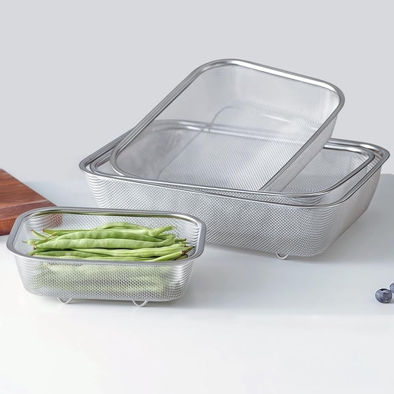NORIZF 18/8 Stainless Steel Fine Mesh Strainer Basket with Feet,Rectangular Colander for Vegetables,Fruits,Pasta,Noodles Rustproof,Durable &Easy to Clean (11.02")