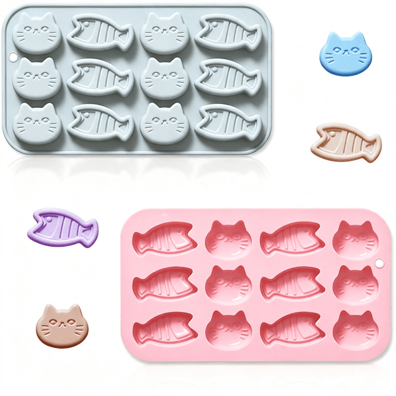 NORIZF 2 Pack Cat and Fish Shaped Silicone Mold, 12 Cavity 3D Mini Fishes Cat Treat Silicone Tray Baking Tools for Candy Chocolate Biscuit Cookie Dog Snacks Soap Resin Clay