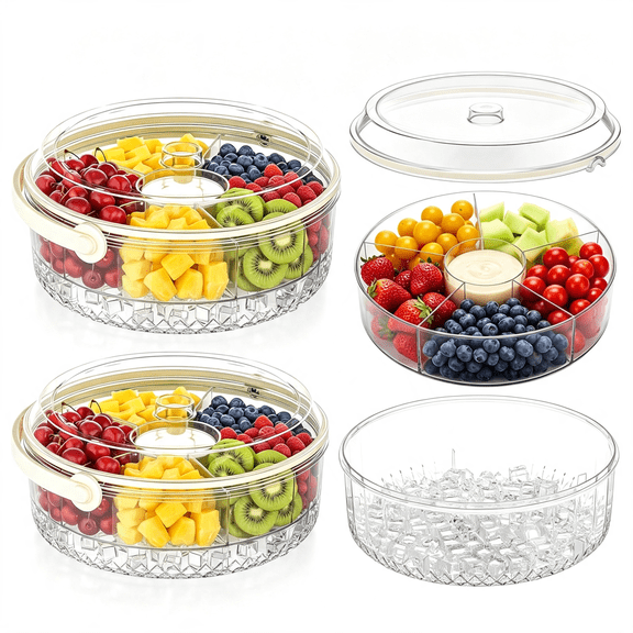 NORIZF 2 Pack Chilled Serving Tray with Lid Handle, 11" Veggie Fruit Ice Serving Platter with 5 Compartments, Portable Clear Party Tray for Shrimp Cocktail, Outdoor Bbq, Picnic