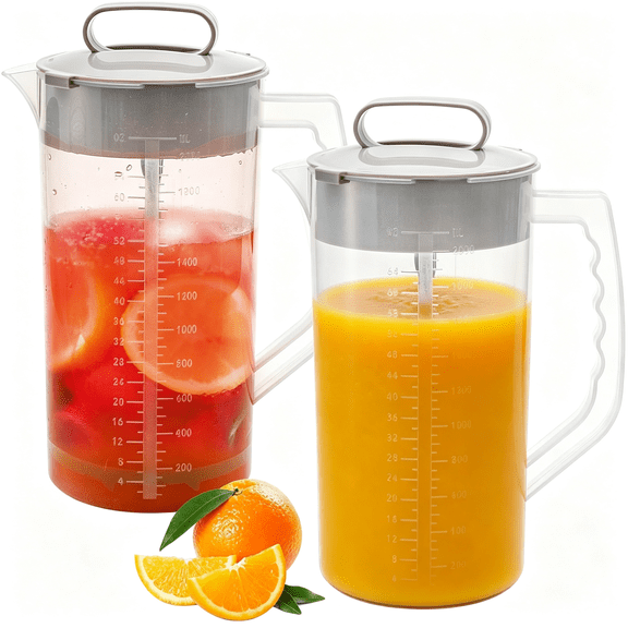 NORIZF 2 Pack Mixing Pitcher for Drinks 2 Quart/ 64Oz Plastic Water Pitcher with Lid, Easy-Mix Angled Plastic Blades and Adjustable Mixer Plunger Container for Juice, Milk, Tea, Beverage Container