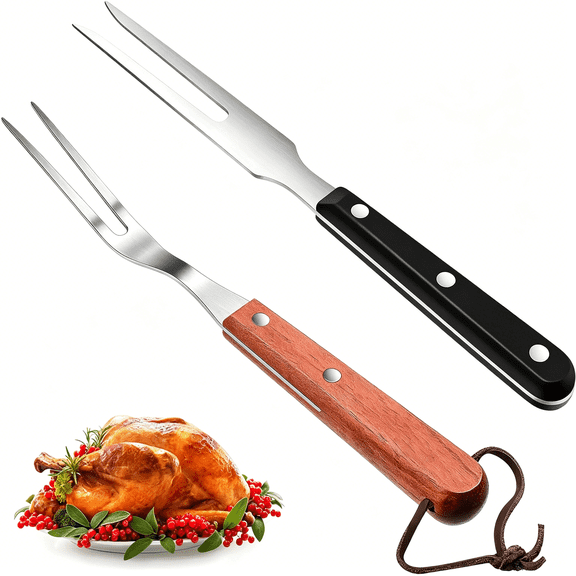 NORIZF 2 Pieces Meat Fork Stainless Steel Carving Fork with Wood Handle Cooking Bbq Grill Steak Tool for Kitchen Barbecue Serving Cooking Grilling Roasting 10.5 Inches,Round Handle