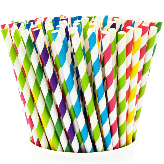 NORIZF [200 Pack] Striped Paper Drinking Straws - Sturdy & Non-Soggy - 100% Biodegradable, Food-Safe Ink, and Multi-Layered for Long-Lasting Use - Vibrant Assorted Colors (Formerly Comfy Package)