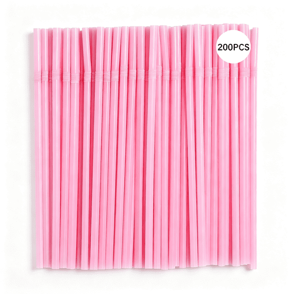 NORIZF 200Pcs 8.26" X 0.2"Solid Colors Flexible Drinking Pink Straws, Plastic Disposable Bendy Straws (Pink)