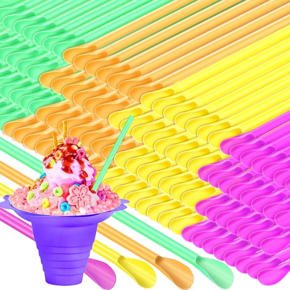 NORIZF 200Pcs Snow Cone Spoon Straws,Disposable Plastic 7.9 Inch Drinking Scoop Straw,Milkshake Shaved Ice Sticks for Slushie Summer,Party,Birthday(Colorful) Disposable Scoop Design Spoon Straws