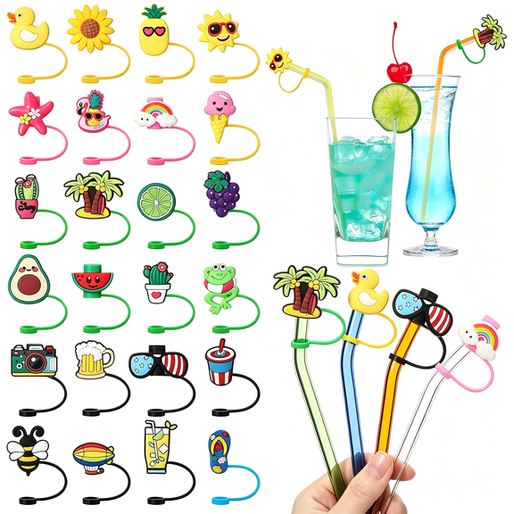 NORIZF 24Pcs Straw Covers Caps Reusable Silicone Toppers Tips Lids Splash Proof Plugs for 6-8 Mm Straws Summer Beach Party Favors Home Kitchen Accessories(Vivid Style)