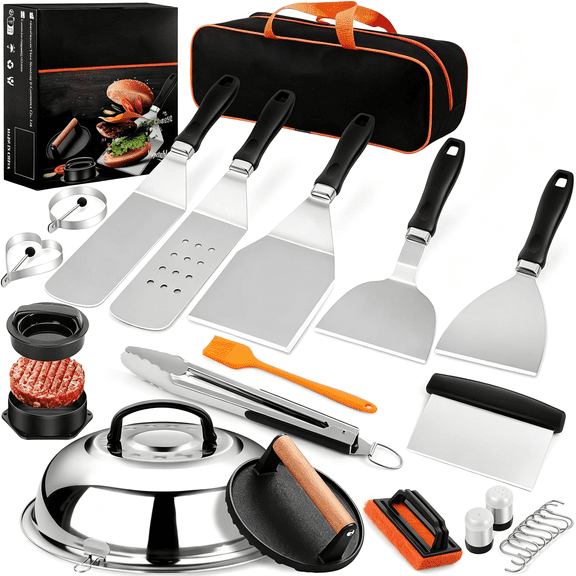 NORIZF 27Pcs Griddle Accessories Kit for Professional Hibachi Flat Top Grill Tools,Enlarged Spatula Gift Set with Basting CoverBurger Press Patty Maker for Outdoor Bbq Teppanyaki