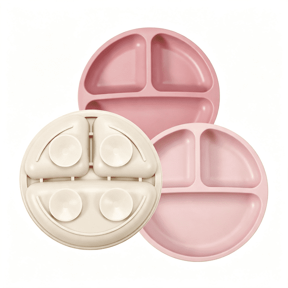 NORIZF 3 Pack Toddler Plates, Silicone Divided Suction Plate for Babies, Bpa-Free 100% Food-Grade Silicone Unbreakable Baby Plate Divided Sections Safe Suction Toddler Plates (Pinklinenlight Pink)