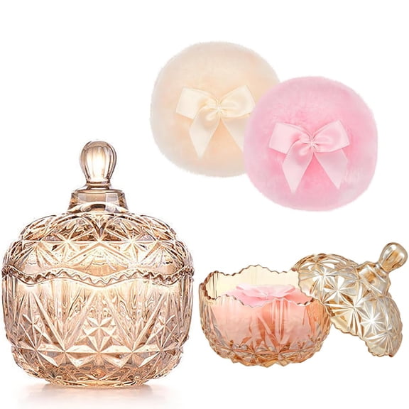 NORIZF 3 Pcs Large Body Powder Puff Set with Crystal Glass Containers - Soft, Washable & Reusable for Face & Body Soft Puffs Wet and Dry Makeup (Crown - Amber)