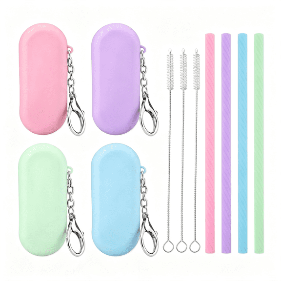 NORIZF 4 Sets Silicone Reusable Straws with Case - Foldable,Portable Drinking Straws for Travel and Party Silicone Straws