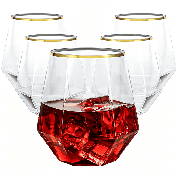 NORIZF 40 Pcs Diamond Stemless Plastic Wine Whiskey Glasses,12 Oz Disposable Cocktail Glasses,Suitable for Weddings,Birthday Parties,Family Gatherings,Bars,Etc Gold Rimmed Cups
