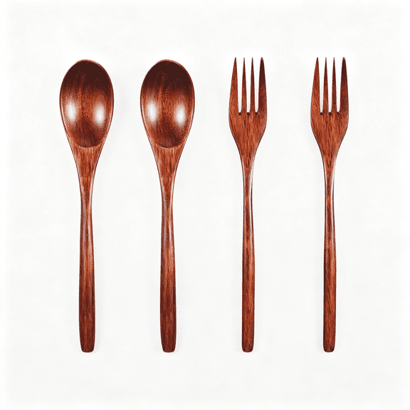 NORIZF 4Pcs Wooden Forks and Spoons,Reusable Wooden Spoon Set Eating Utensil Cutlery Wood Dinnerware Wood Kitchen Tableware Bamboo Utensils for Stirring Cooking Eating