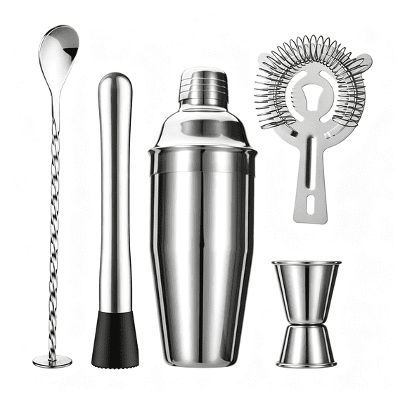 NORIZF 5-Piece Cocktail Shaker Set Shaker Strainer Jigger T-Mixing Spoon Muddler Bartender Kit Stainless Steel Bar Set Housewarming Gift Cocktail Shaker Set