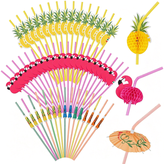 NORIZF 50 Pcs Flamingo Straws Umbrella Straws for Cocktails Pineapple Straw Tropical Hawaiian Beach Summer Pool Luau Party Decorations, Plastic Straws for Drink Garnish