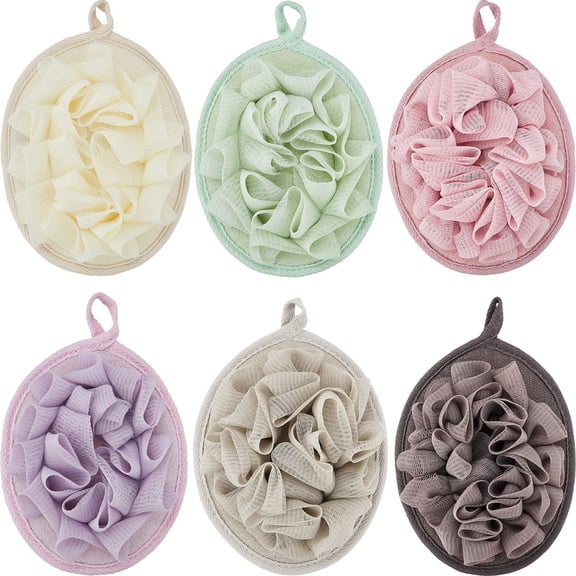 NORIZF 6 Pcs Bath Shower Pouf Sponge Mesh Pouf Shower Ball Exfoliating Body Sponge Pad Scrubber Glove with Flower Bath Ball Shower Puffs for Body Women (Multi-Color)