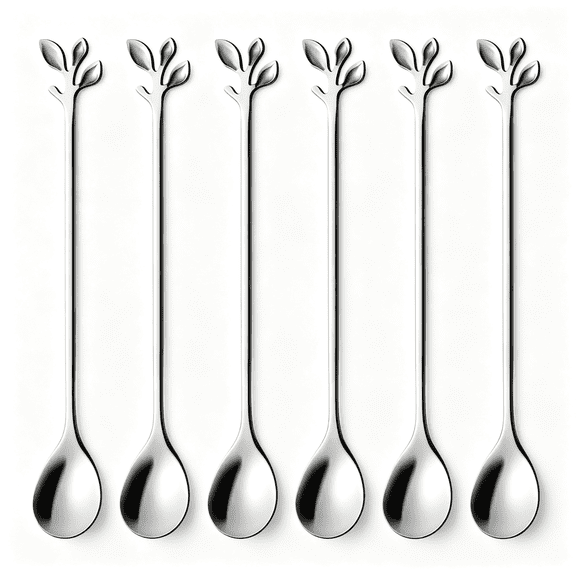 NORIZF 6-Piece Elegant Silver Leaf Long Handle Teaspoons - 7.4" | Stainless Steel Stir Spoons for Coffee & Tea, Perfect for Mixing & Stirring Durable Long Handled Spoon