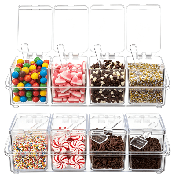 NORIZF 8 Pcs Hot Cocoa Bar Supplies Clear Acrylic Sugar Bowls and Seasoning Spice Box with Cover and Spoon Cocoa Marshmallows Peppermints Chocolate Chips Storage Container for Hot Chocolate Bar
