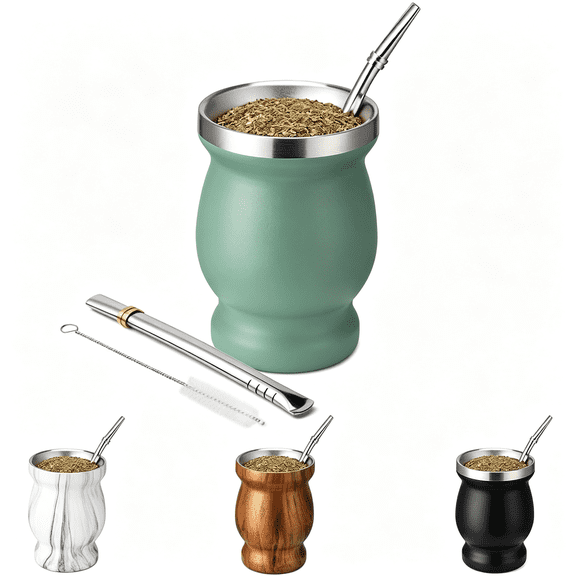 NORIZF 8Oz Yerba Mate Cup, 304 Stainless Steel Double-Wall Mate Cup | Heat Insulation Yerba Mate Gourd, Tea Cup Set Includes Cleaning Brush & 2 Bombillas (Green)