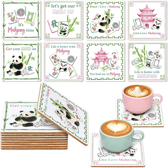 NORIZF 8Pcs Mahjong Coasters 3.94X3.94In Wooden Drink Coaster Set Funny Mahjong Panda Coasters Colorful Women Mah Jong Gifts&Accessories for Cups Home Table Game Birthday Party Game Night Supplies