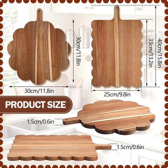 NORIZF Acacia Wood Scalloped Cutting Boards Set of 3 with Holder | Scalloped Serving, Charcuterie Boards with Handle, Cheese Meat Fruit Bread Tray for Farmhouse Kitchen Decor