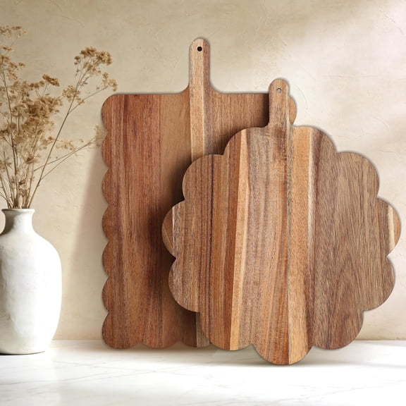 NORIZF Acacia Wood Scalloped Cutting Boards Set, Decorative Wooden Charcuterie Boards with Handle for Cheese Pizza Meat Fruit Bread Baking, Cottagecore Farmhouse Kitchen Serving Trays Decor
