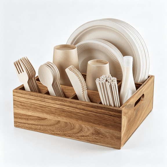 NORIZF Acacia Wood Utensil Holder for Party - Paper Plate Organizer for Countertop - Silverware Caddy with 6 Compartments for Plate, Cup, Fork, Spoon - Cutlery Holder for Kitchen Camping Buffet