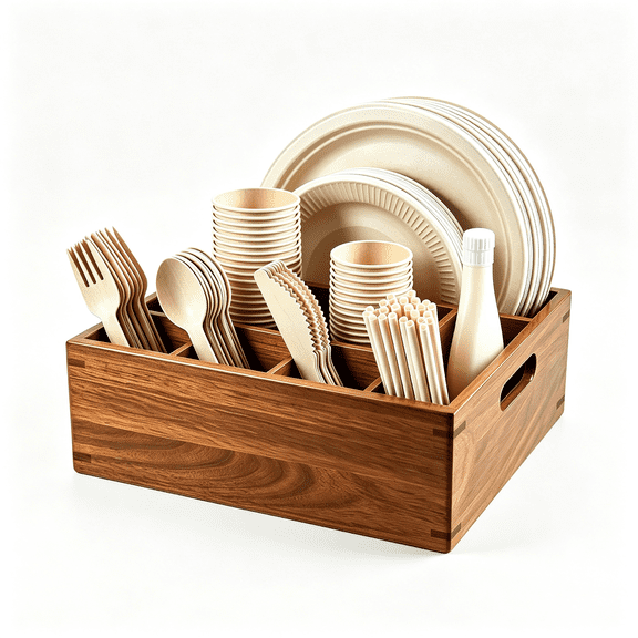 NORIZF Acacia Wood Utensil Holder Silverware Caddy Parties 6 Compartment Countertop Paper Plate Organizer Silverware Caddy Plates Cups Forks Spoons Knives Napkins Party Buffet Camping Bbq