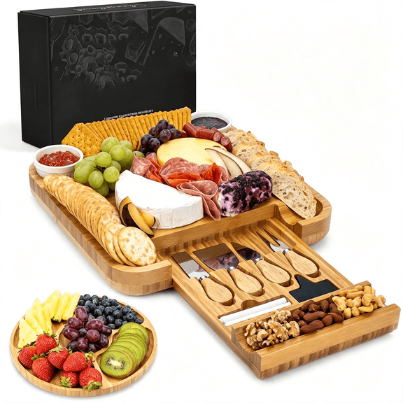 NORIZF Charcuterie Large Bamboo Cheese Board Set for Serving-House Warming Gifts for New Home,Wedding,Bridal Shower&Birthday,For Women Elegant Food Trays for Party