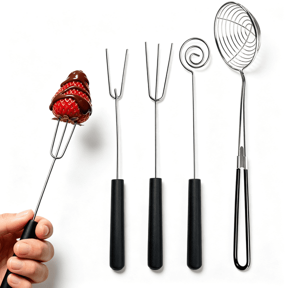 NORIZF Chocolate Dipping Tool Set 4-Piece-Stainless Steel Candy Making Tools with Fork,Slotted Spoon,Spear for Truffles,Pralines-Dishwasher Safe Dipping Supplies for Baking,Fondue