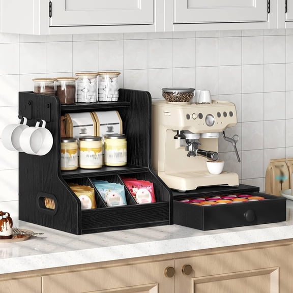 NORIZF Coffee Mug Tree,Coffee Mug Cup Holder with Drawer for 25K-Cup Pods,Mug Display Stand with 2 Hooks,3 Tier Mug Stand Rack for Countertop,Holds Syrup,Tea Bags,Black