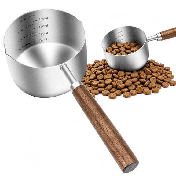 NORIZF Dog Food Scoop Measuring Cup Stainless Steel 1 Cup Capacity with Long Wooden Handle & Measuring Lines for Dogs Cats and Kitchen Use Dishwasher Safe