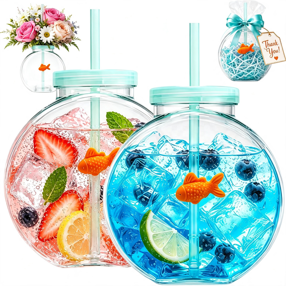 NORIZF Fish Bowl Tumbler with Straw,Plastic Fish Bowl Cups with Lids Unbreakable Ornament Cups,Reusable Multipurpose Translucent Green Shatterproof Drink Bottles (2Pcs)