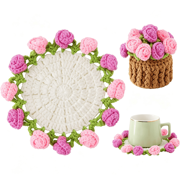 NORIZF Flower Crochet Coasters,Handmade Bouquet Blanket Coaster with Crochet Plant Pot Fun Soft Decorative Drink Coasters for Coffee Tabletop Protection&Home Decor(Rose Pink,1Pc)