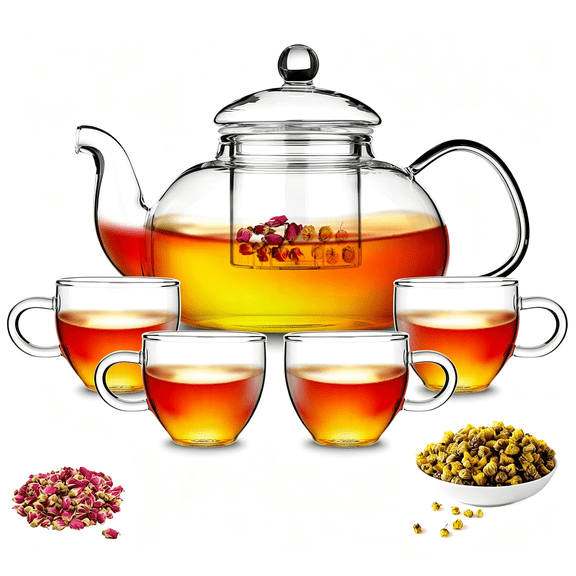 NORIZF Glass Tea Pot with 4 Tea Cups,Removable Infuser,Blooming and Loose Leaf Tea Maker and Teacups Set,Stovetop Microwave Safe Tea Kettle Microwave Safe Tea Sets for Adults
