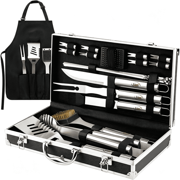 NORIZF Grilling Accessories,Dad Gifts for Fathers Day,Grilling Gifts,Heavy Duty Stainless Steel Bbq Tool Set for Outdoor Grill with Aluminum Case and Apron,Birthday Gifts for Men Women