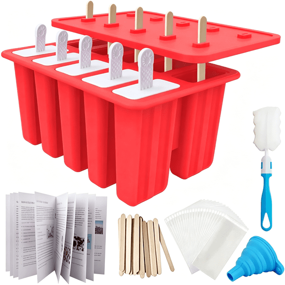 NORIZF Homemade Popsicle Molds, 10-Cav Non-Bpa Silicone Ice Pop Maker, with 50 Sticks, 50 Bags, 10 Reusable Sticks, Funnel, Brush and Ice Pop Recipe (Red)