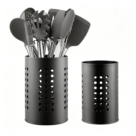 NORIZF Kitchen Utensils Holder for Counter Top 2 Pieces, Black Stainless Steel Cutlery Holder, Kitchen Essentials Farmhouse Style Home Countertop Organizer