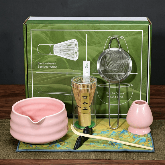 NORIZF Matcha Whisk Set Ceramic Bowl,Bamboo Whisk with Holder,Sifter,Schima Spoon,Spoon Rest and Tea Towel 7 Pcs Complete Kit for Traditional Matcha and Modern Lattes (Pink)
