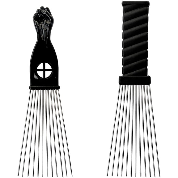 NORIZF Metal Afro Comb Set 2Pcs African American Hair Pick Comb,Wide Teeth,Classic Black Fist Design Styling Tool for Curly and Afro Hair Durable Metal Classic Black Fist Design Afro Pick