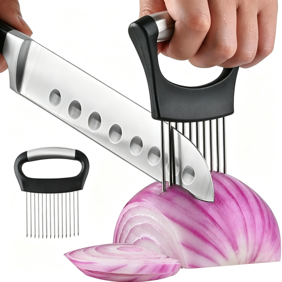 NORIZF Onion Holder Slicing Vegetable Slicer Slice Cutter Chopper Guide Stainless Steel Kitchen Slicer Tool Safe Anti-Cut Uniform Slices Tomato Avocado Potato Egg Lemon Meat Tenderizer