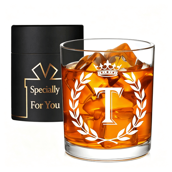 NORIZF Personalized Whiskey Glasses Gifts for Men,Letter T Initial Whiskey Glass,Christmas Birthday Gifts for Men Husband Brother Dad,10 Oz Old Fashioned Glass with Gift Box(Letter T)