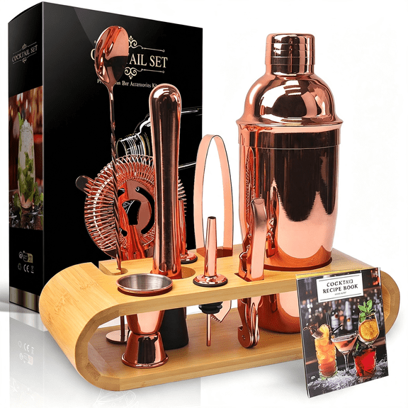 NORIZF Rose Gold Cocktail Shaker Set,Premium 18/8 Stainless Steel Mixology Bartender Kit with Stylish Bamboo Stand 10-Piece Bar Tools&Accessories for Home Decor-Gift for Women,Mom,Wedding