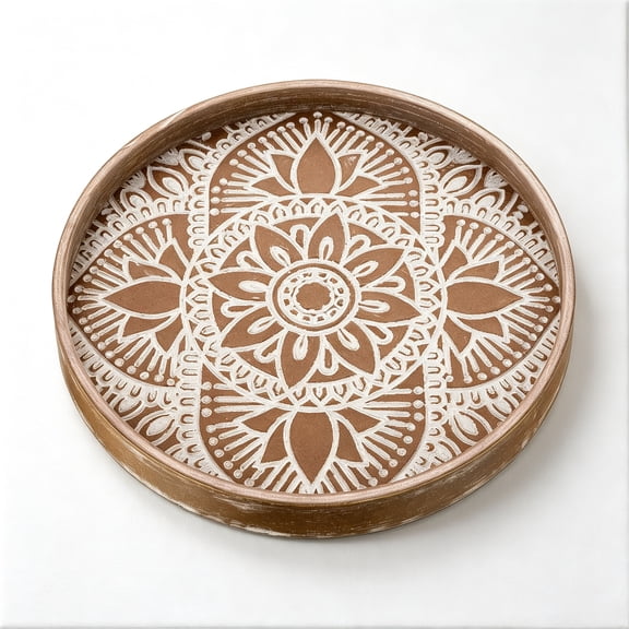 NORIZF Round Decorative Tray for Table: Boho Coffee Table Trays for Home Decor - Mid Century Farmhouse Circle Wood Serving Rustic Bohemian for Kitchen Counter Women