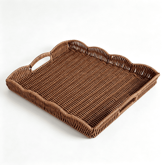 NORIZF Serving Tray with Scalloped Edge,Rectangular Wicker Tray with Handles,Ideal for Breakfast Or Meals in Bed and on Sofa,Decorative Coffee Table Tray to Enhance Dining (Coffee Brown)