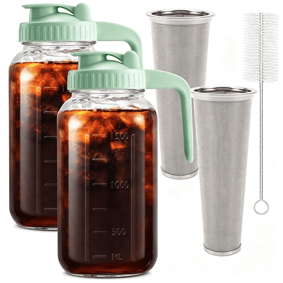 NORIZF Set of 2 Cold Brew Coffee Maker,64Oz / 2Quart Glass Pitcher with Stainless Steel Filter and Pour Spout Handle Lid,Mason Jar for Making Cold Coffee,Fruit Drinks,Sun Tea (2)