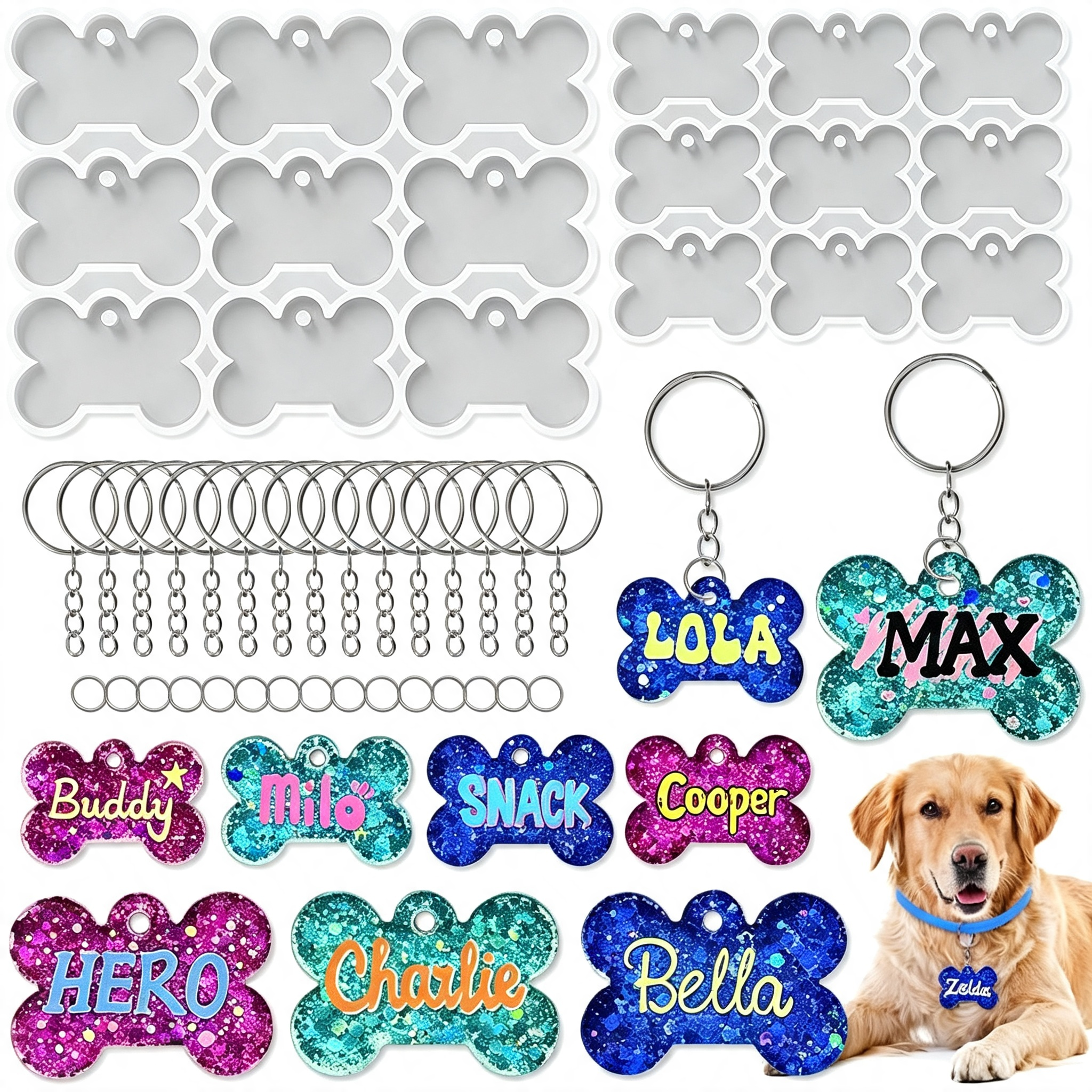 NORIZF Set of 2''&1.5'' Dog Bone Silicone Molds with 15Pcs Key Ring ...