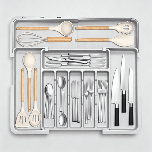 NORIZF Silverware Organizer Expandable Kitchen Drawer Organizer Adjustable 22"X 19" Utensil Organizer with Rubber Feets Cutlery Drawer Organizer for Knives Kitchen Organizers