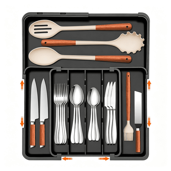NORIZF Silverware Organizer-Expandable Kitchen Drawer Organizer,Utensil Drawer Organizer,Adjustable Plastic Flatware and Cutlery Holder,Kitchen Organizers Storage for Forks Knives,Black