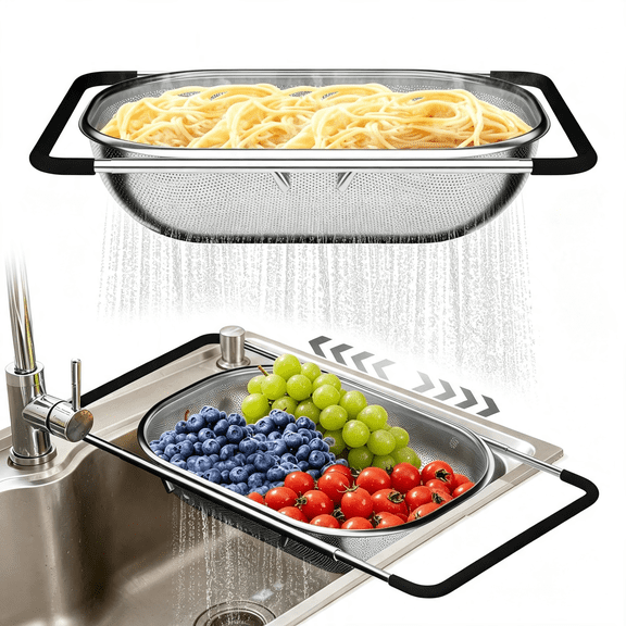 NORIZF over the Sink Colander - Strainers and Colanders - Sink Strainer Basket - Expandable Fine Mesh Strainer with Rubber Grip for Veggie, Fruits, Pasta, Home Kitchen Essentials