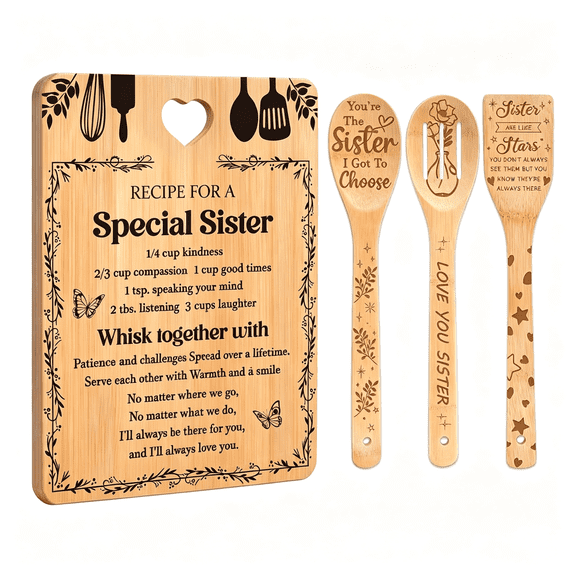 NORIZF Sister Birthday Gifts-"Recipe for a Special Sister"Sister Gifts from Sister Cutting Board Set,Bamboo-Made Engraved Utensil Set Sister Gifts from Sister,Mothers Day Gifts for Sister